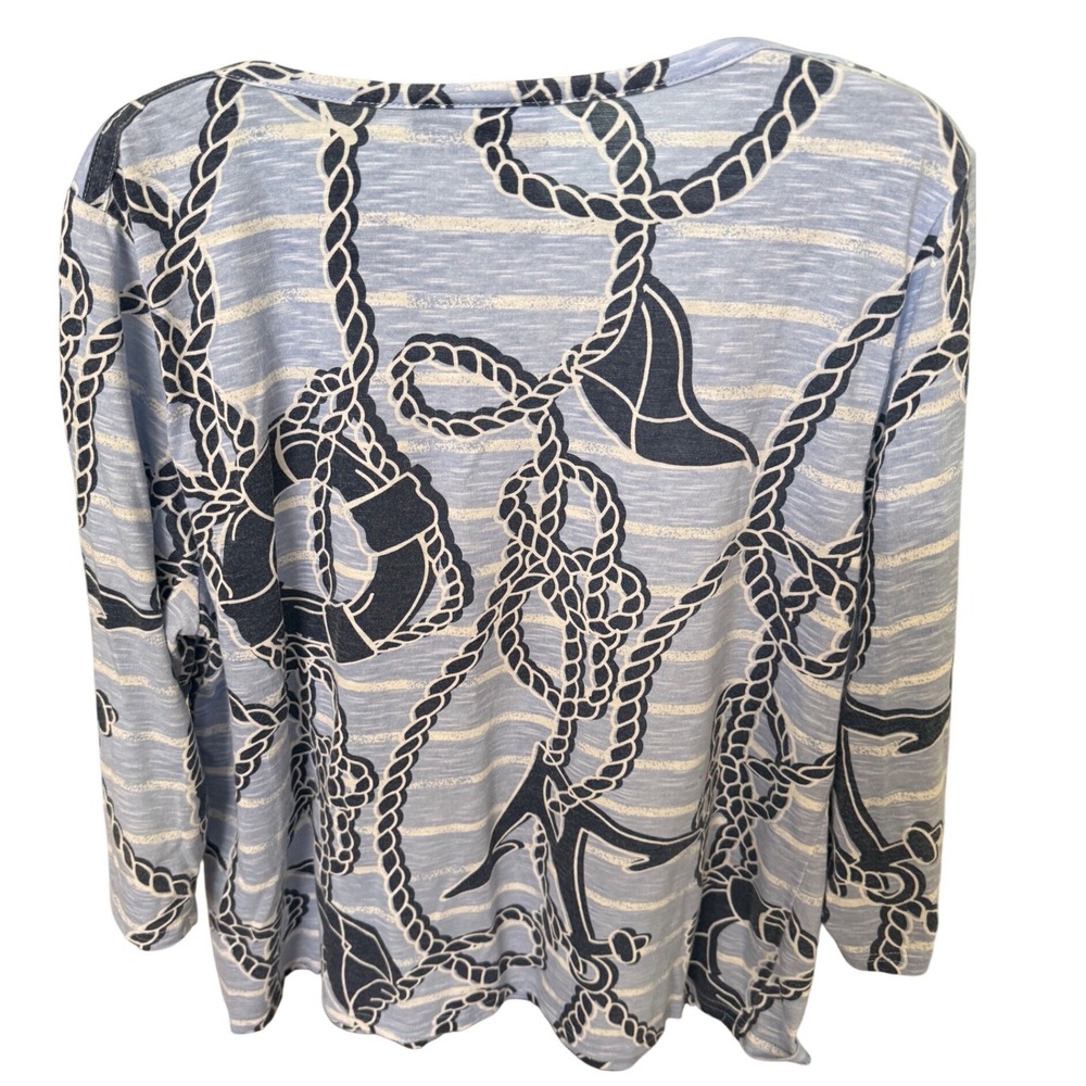 Basic Editions Womens XL Nautical Rope Anchor Stripe 3/4 Sleeve Knit Top Blue